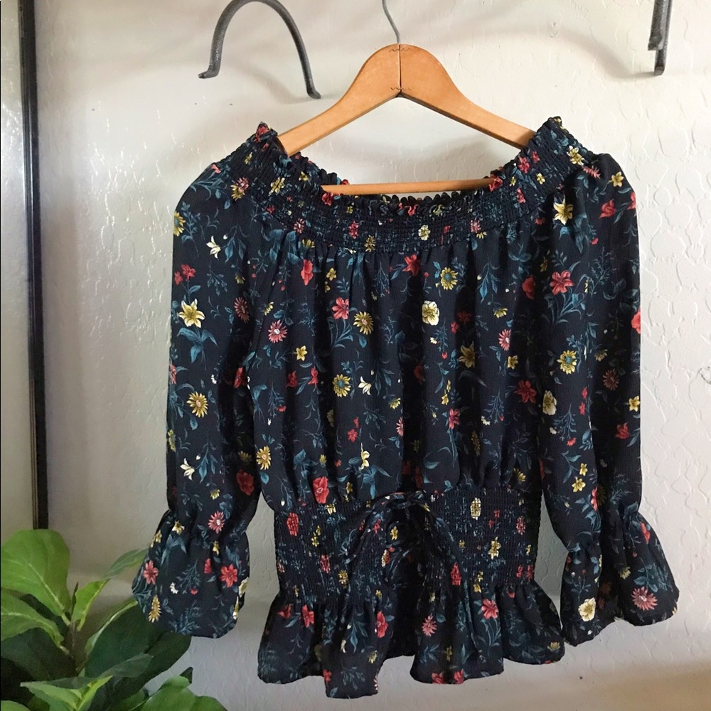 Floral Corset Sinched Waist Off the a Shoulder Top